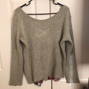 Tan off the shoulder sweater flannel detail